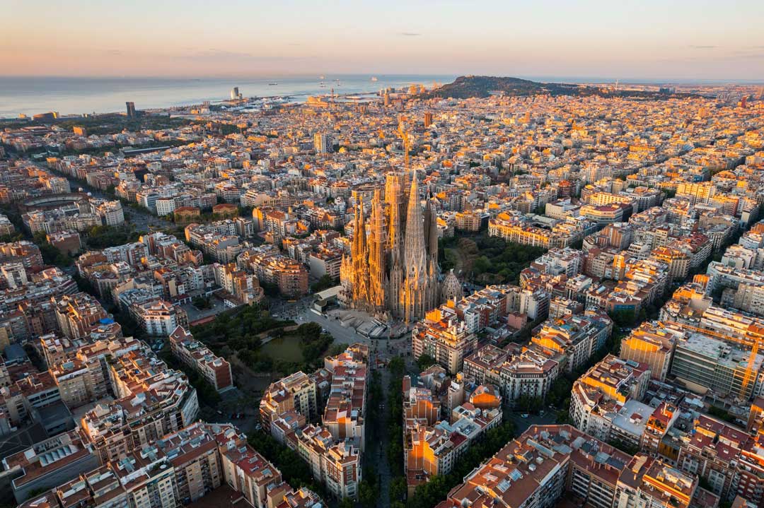 Aerial view of Barcelona and the Sagrada Família at sunrise